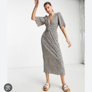 ASOS plisse short sleeve midi dress black and pink rose